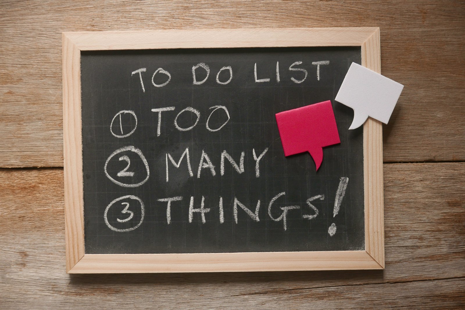 Top view of a blackboard with a chalk written with To do list : too many things! in numbers.